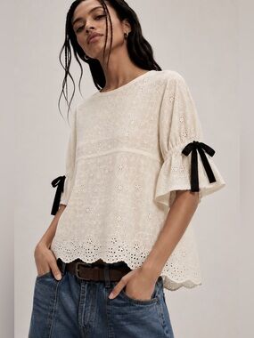 TRF Collection Zara Ivory Eyelet Bow Sleeve Cotton Blouse XS Boho